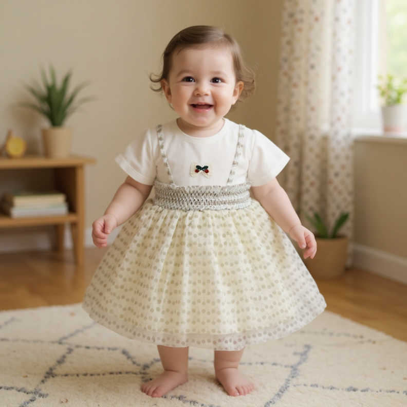 Child wearing a white dress with a patterned belt.