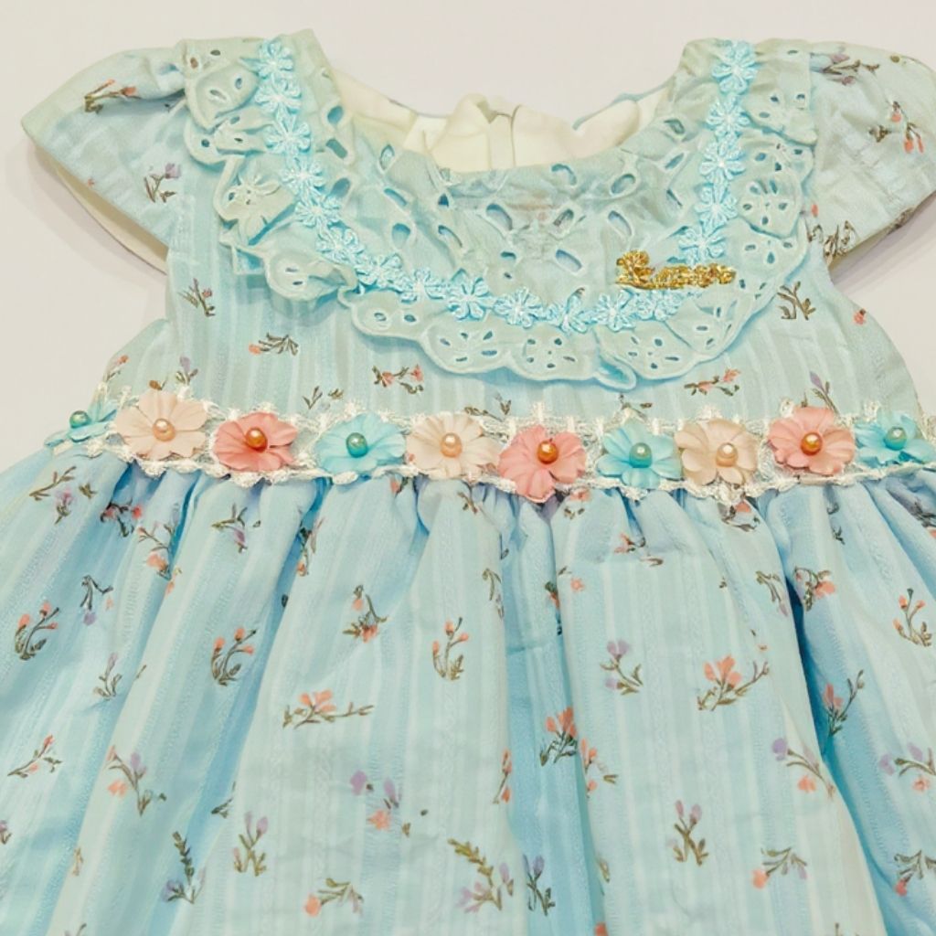 Light blue dress with floral details and embroidery.