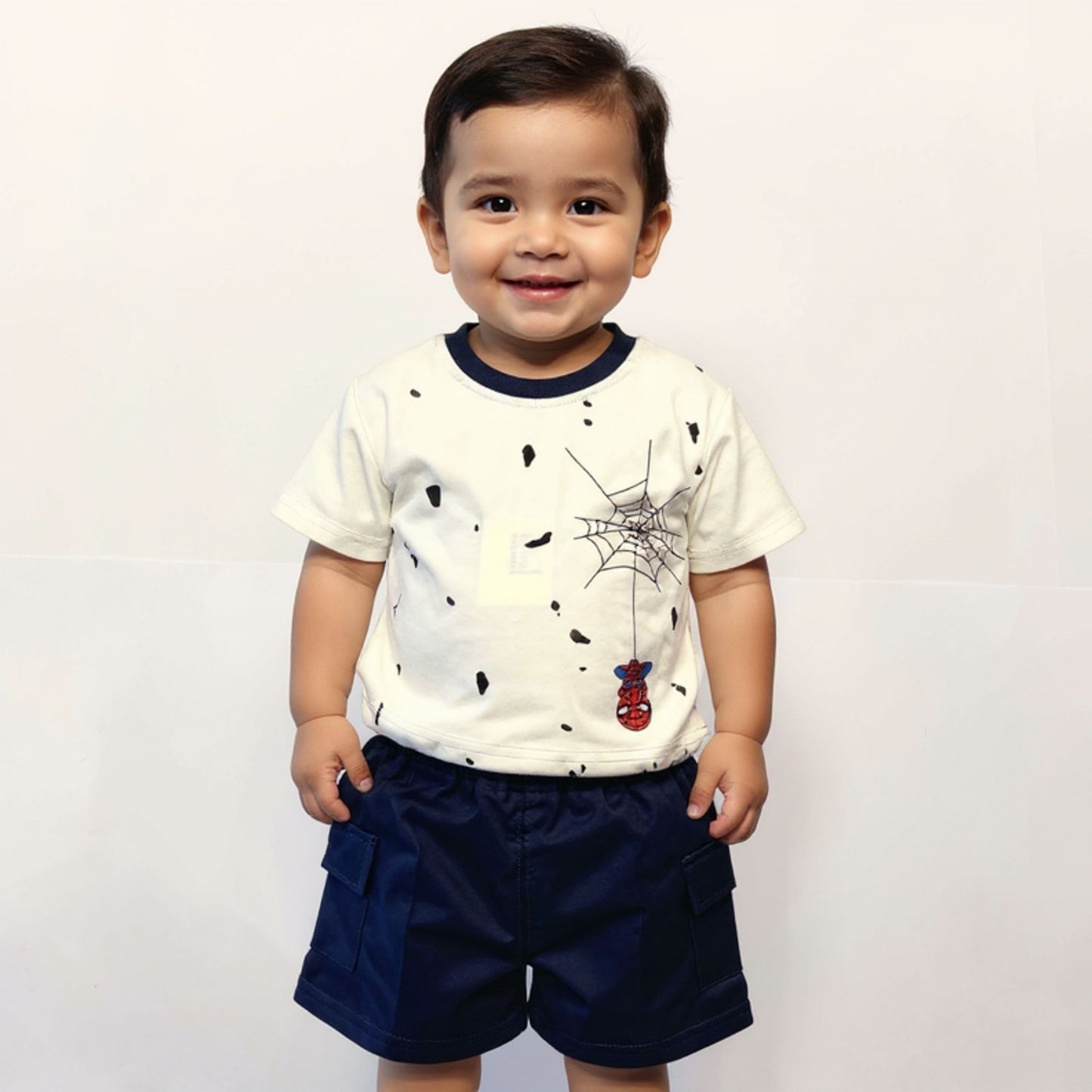 A smiling baby boy wearing a white Spider-Man t-shirt and navy blue shorts.