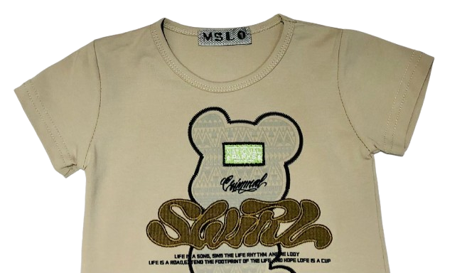 Beige t-shirt with graphic design and text on a white background