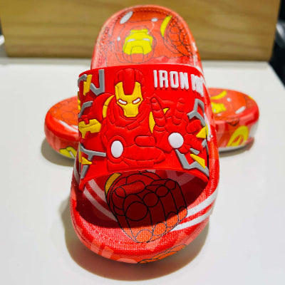 Red superhero-themed sandal with 'Iron Man' design on a white surface