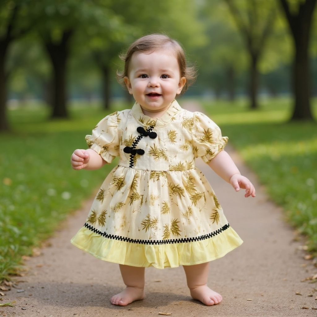 Child in a yellow dress with floral patterns standing on a path in a park.