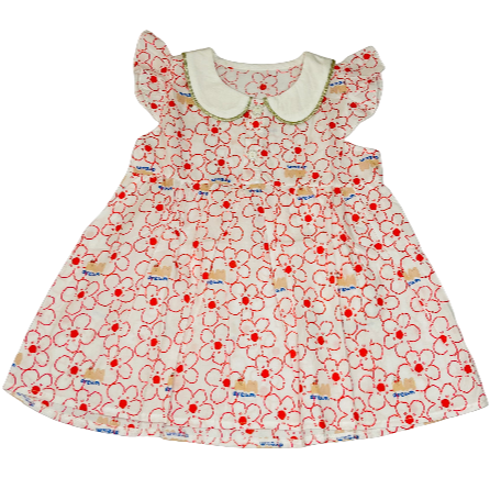 Children's dress with red floral pattern.