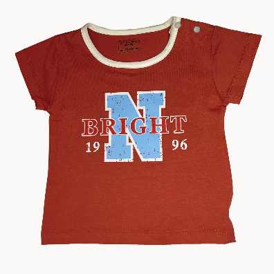 Red t-shirt with 'N Bright 1996' print.