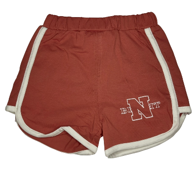 Red shorts with white trim.
