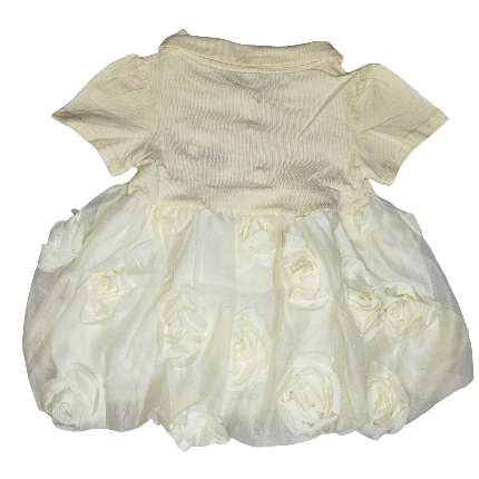 Baby dress with floral skirt and ruffled top on a white background