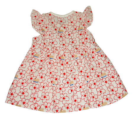 Children's dress with red floral pattern.