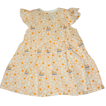 Children's dress with orange floral pattern.
