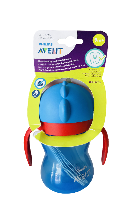 Blue and red sippy cup with Philips Avent packaging on a white background