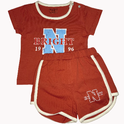 Red children's outfit with 'N' and 'BRIGHT' text on a white background