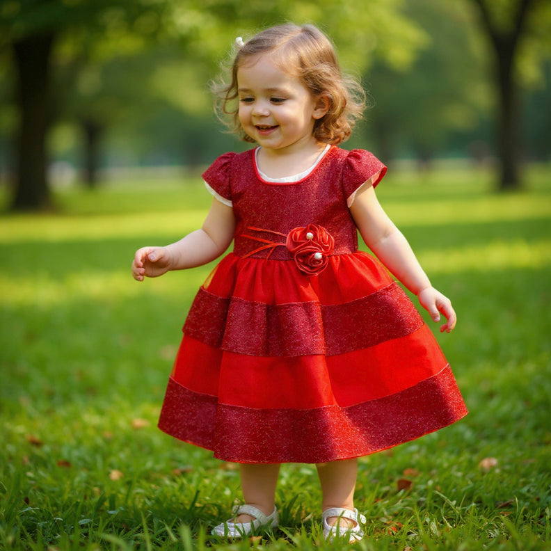 Young girl in a red dress standing in park