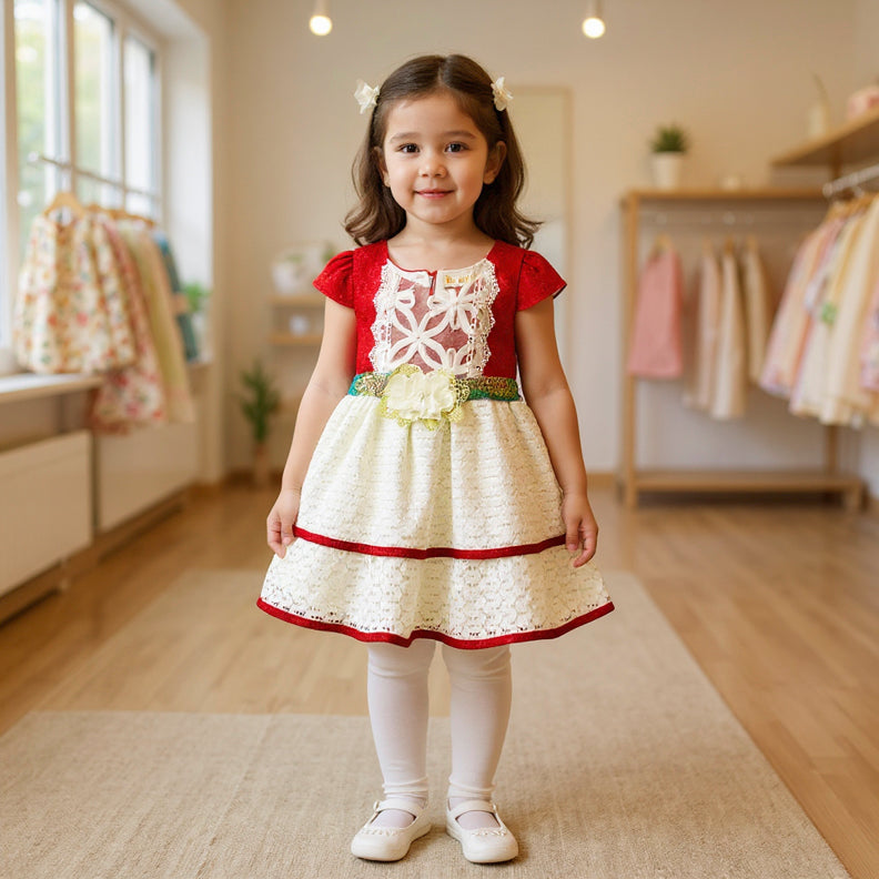Young girl in a red and white dress standing in a clothing store.