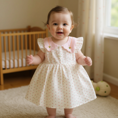Baby in a white dress with pink collar.