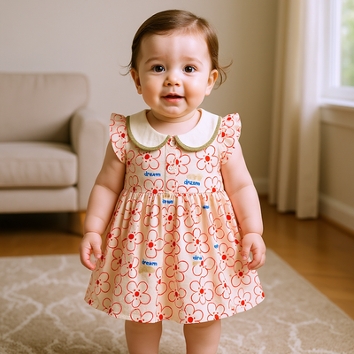 Child wearing a floral dress 