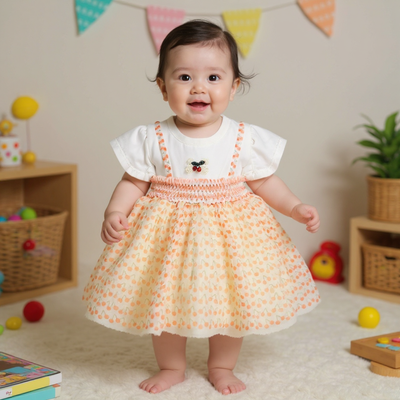 Child wearing a white dress with a floral skirt.