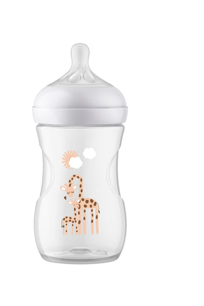 Clear baby bottle with a white cap and giraffe design on a white background