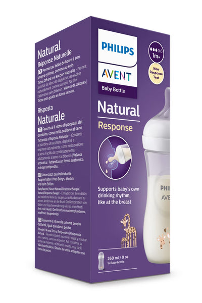 Philips Avent baby bottle packaging with purple box and white bottle