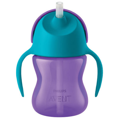 Purple and teal sippy cup with Philips Avent logo on a white background