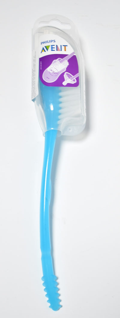 Blue bottle brush with Avent packaging on a white background