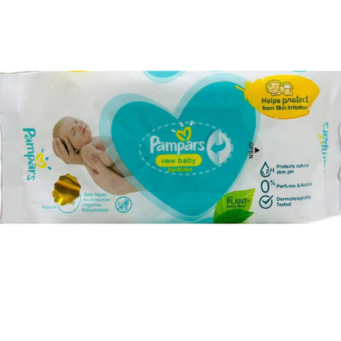 Pampers baby wipes packaging with a heart design and baby illustration on a white background