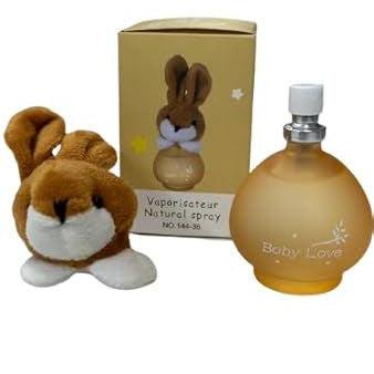 Plush rabbit toy and bottle labeled 'Baby Love' with a box in the background on a white background