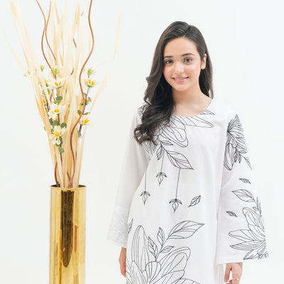Women wearing a white traditional outfit with floral patterns on a white background