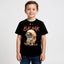 Child wearing a black t-shirt with a robot graphic and 'BKMK' text on a white background