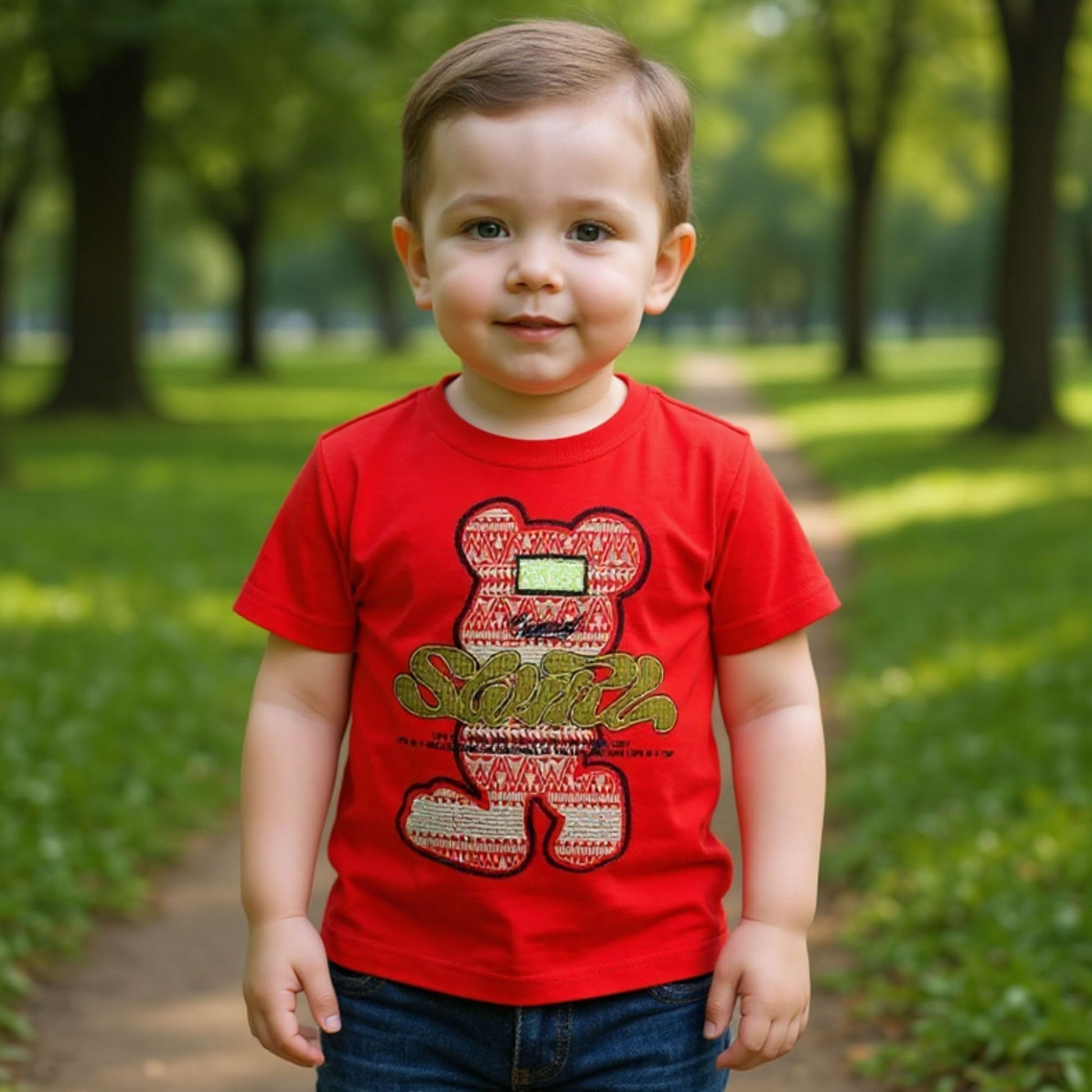 Child wearing a red t-shirt with a teddy bear design in a park