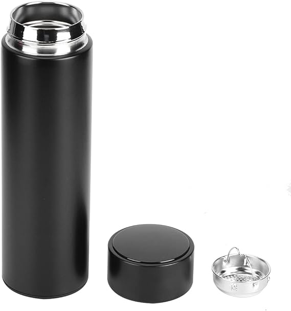 Black insulated bottle with silver lid on a white background