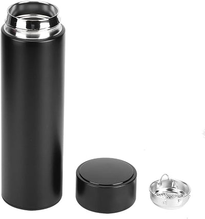 Black insulated bottle with silver lid on a white background