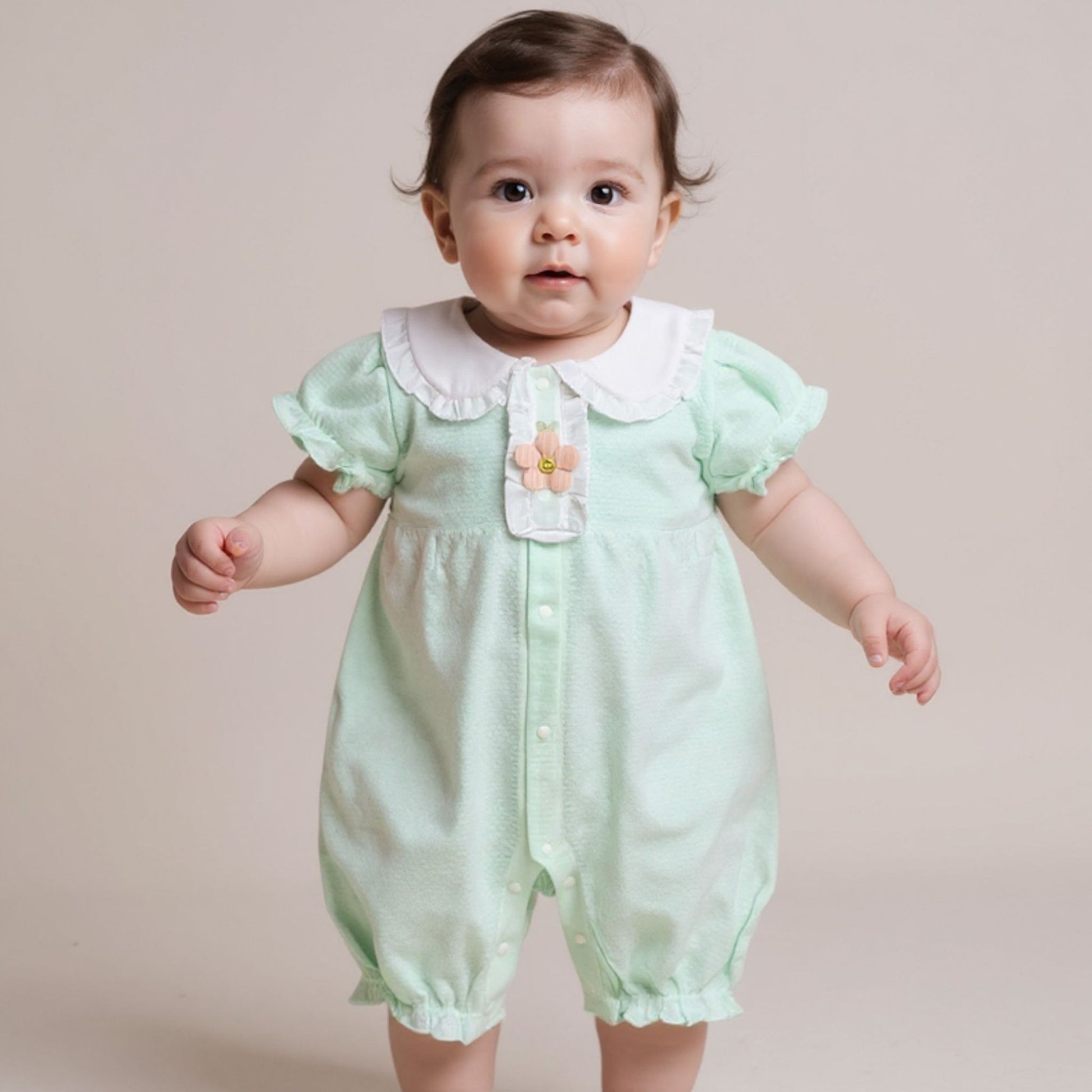 Baby wearing a light green romper with a white collar and flower detail on a beige background