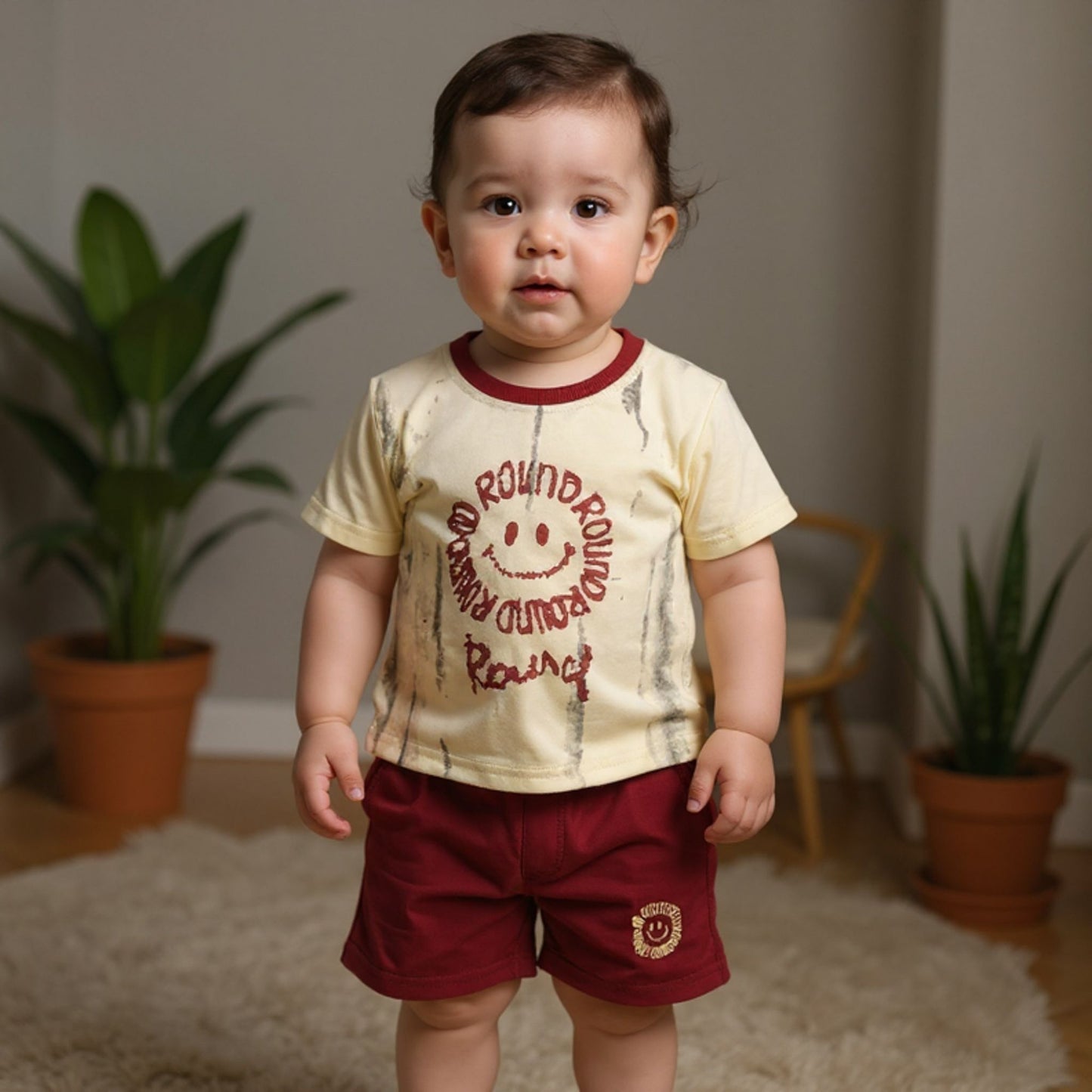 Child wearing a beige shirt with red text and maroon shorts in a home setting with plants.