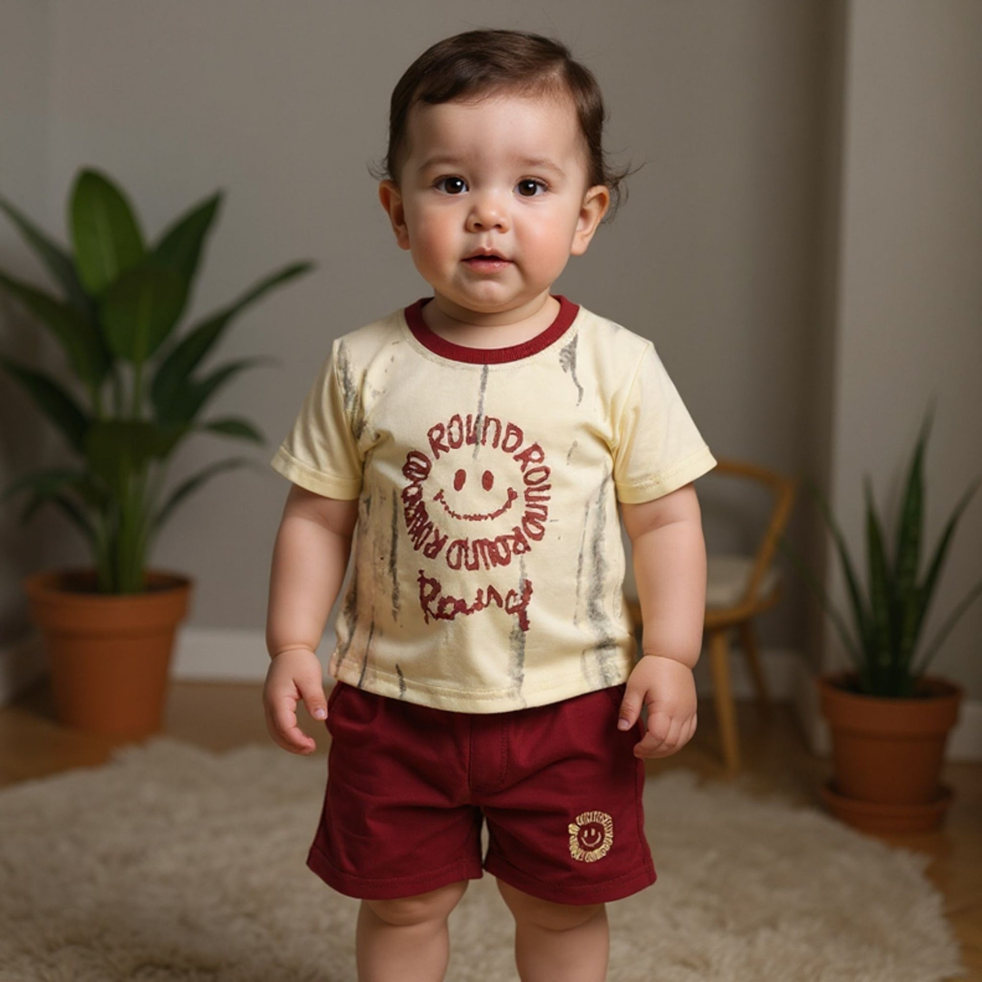 Child wearing a beige shirt with red text and maroon shorts in a home setting with plants.