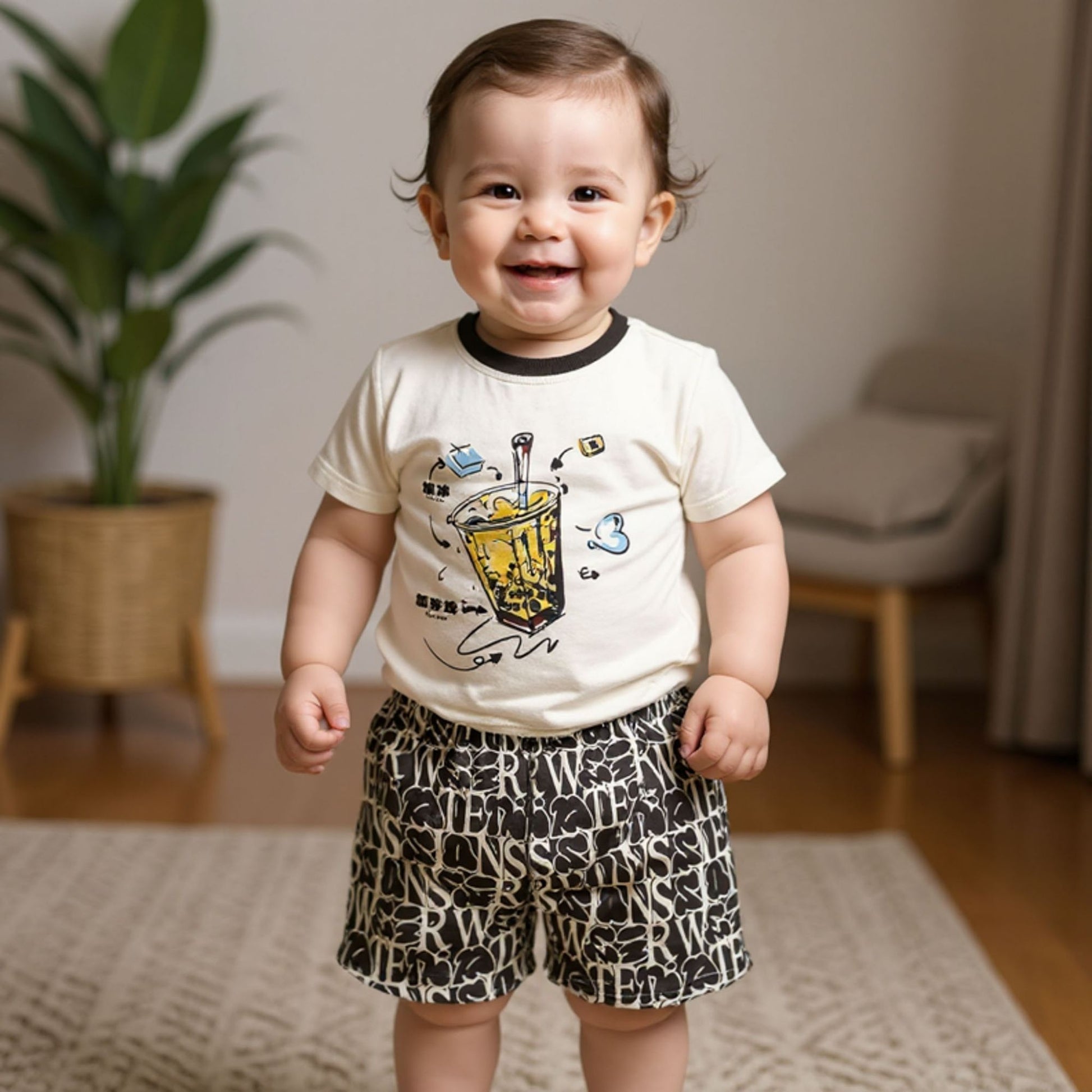 Child wearing a white t-shirt with a graphic design and black shorts with white patterns, standing in a room.