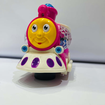 Colorful toy train with a smiling face on a white background