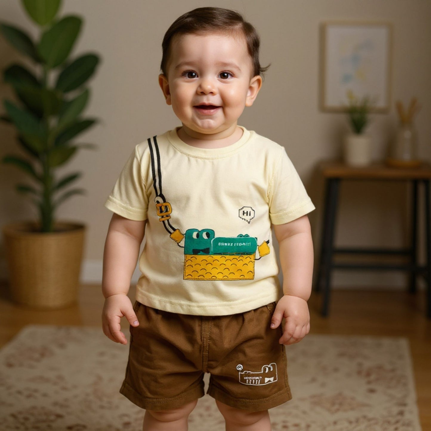 Child wearing a yellow shirt with a cartoon design and brown shorts.