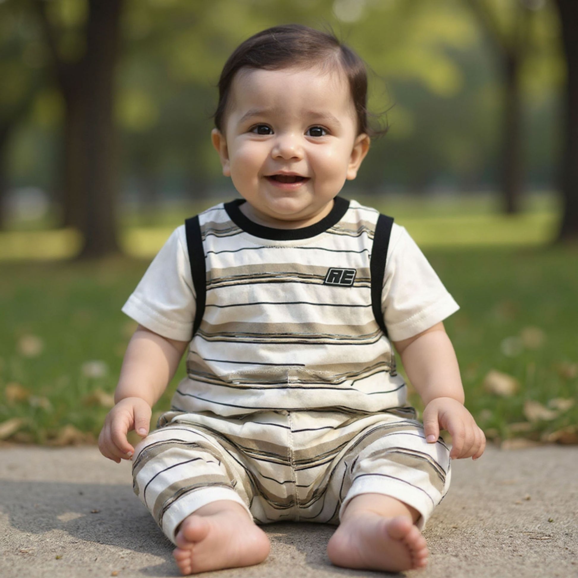 Baby sitting outdoors wearing a striped outfit with a brand RE logo.