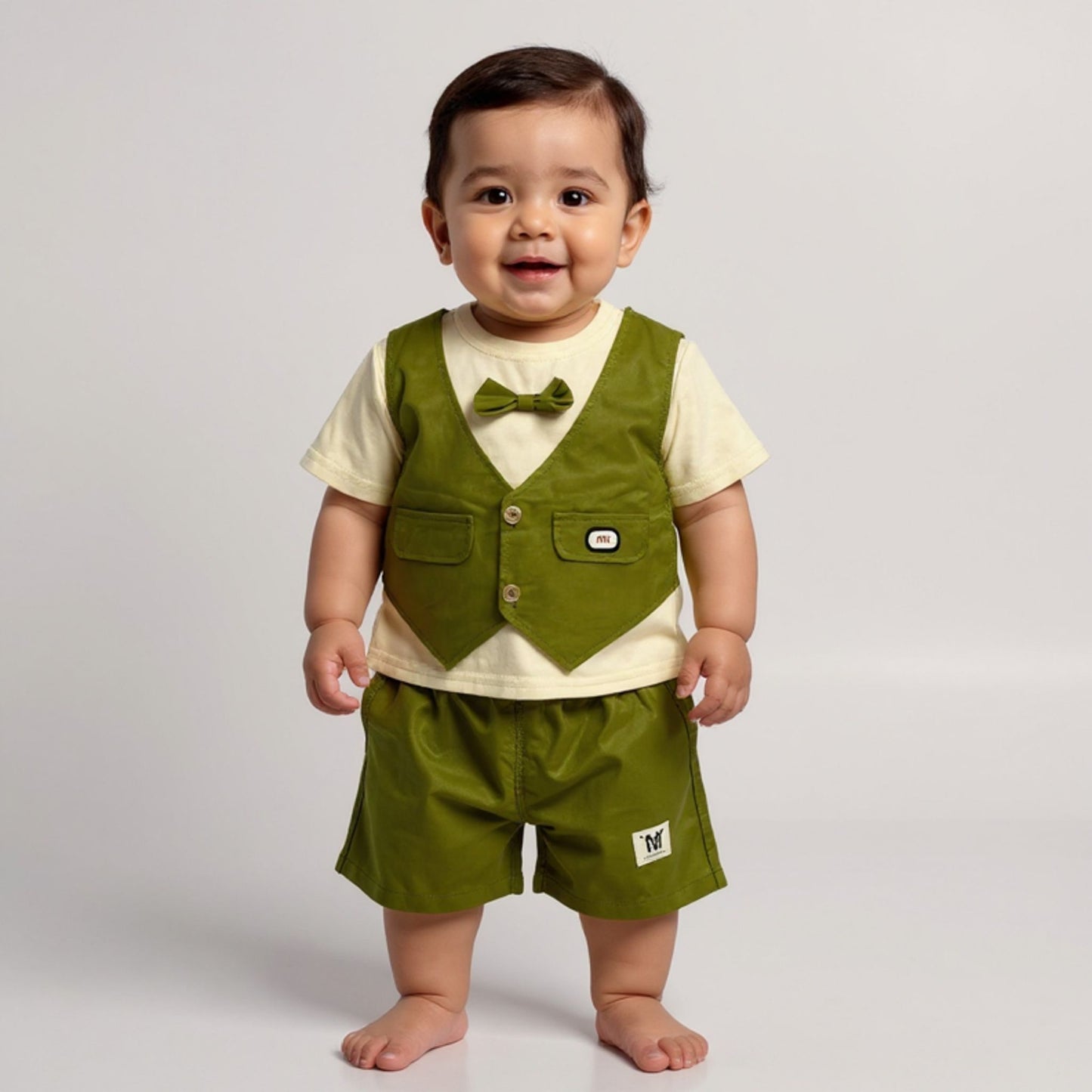 A smiling baby boy wearing a green vest and shorts set with a bow tie.