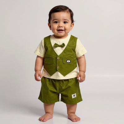 A smiling baby boy wearing a green vest and shorts set with a bow tie.