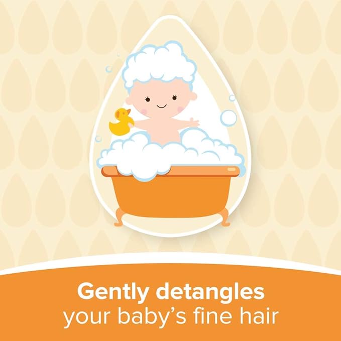 Illustration of a baby taking a bath with soap bubbles and a rubber duck, on a beige background.
