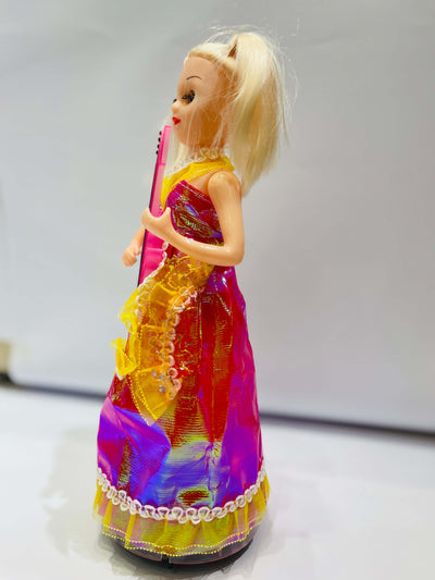 Barbie doll in a colorful dress with a plain background