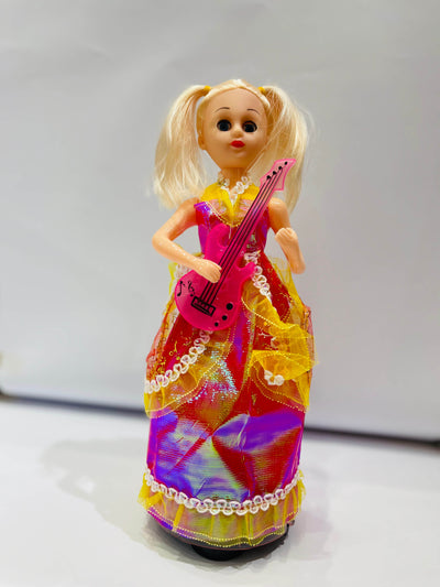 Toy doll with a colorful dress and pink guitar on a white background