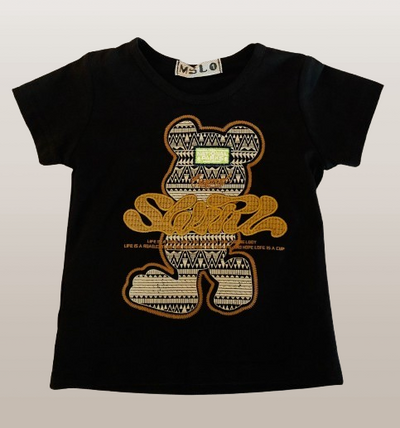  MSLO Black t-shirt with gold and white graphic design on a light gray background
