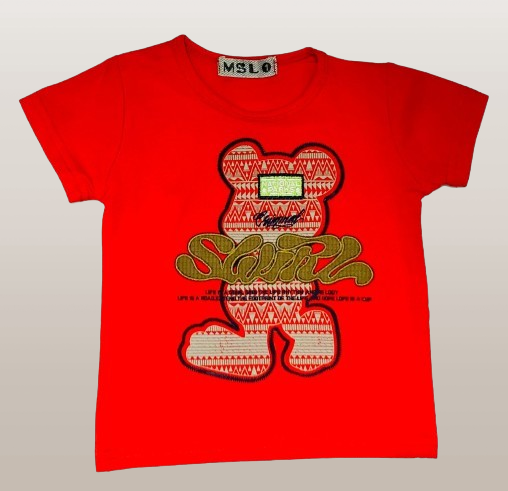 Red t-shirt with a graphic design on a light gray background