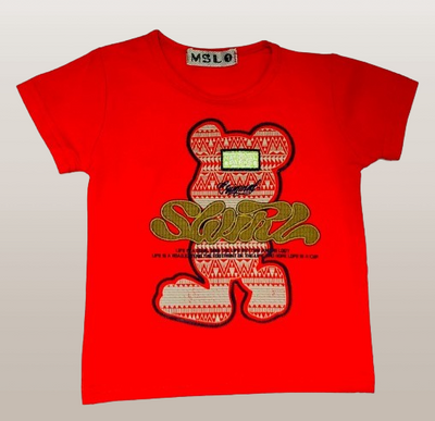 Red t-shirt with a graphic design on a light gray background