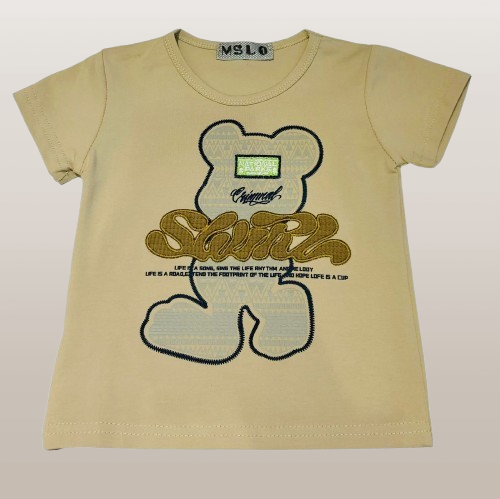 MSLO Beige t-shirt with graphic design and text on a plain background