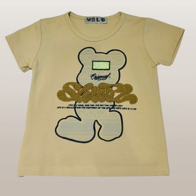 MSLO Beige t-shirt with graphic design and text on a plain background