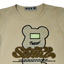 Beige t-shirt with graphic design and text on a white background