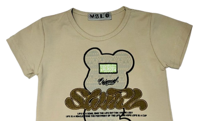 Beige t-shirt with graphic design and text on a white background