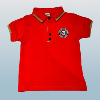Red polo shirt with a logo.